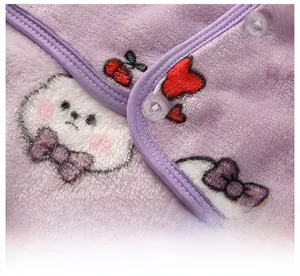 Detailed macro view of purple fleece texture with cartoon bear prints and secure buttons