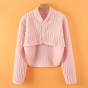 Pink flannel shoulder warmer shawl with wave texture and three-button closure for women