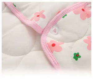 Close-up of quilted thermal neck wrap fabric with floral patterns and durable snap buttons