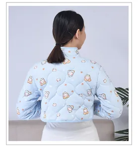 Rear view of light blue quilted shoulder warmer with cartoon cat print for neck protection