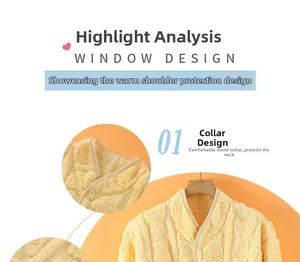 Detail of warm yellow flannel shoulder protector featuring a high neck and wavy texture