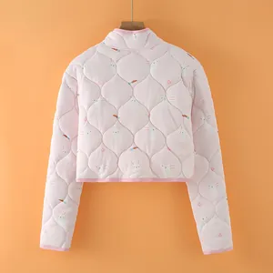 Pink quilted thermal jacket with cartoon rabbits and stand collar for cold weather