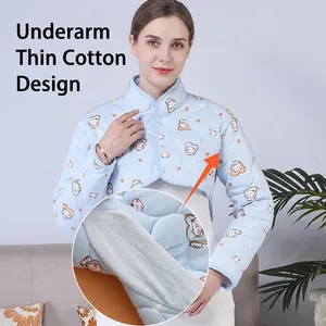 Quilted light blue shoulder warmer for neck care with cute cartoon cat pattern and buttons