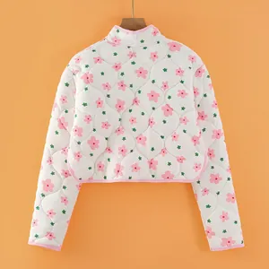 Quilted thermal shoulder protector jacket for neck warmth with pink floral patterns
