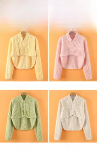 Detail view of colorful flannel shoulder warmers in yellow, pink, green and apricot colors
