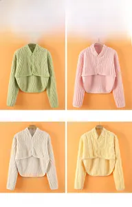 Close-up of flannel shoulder warmer jackets with wave texture and button closure in four colors
