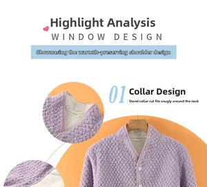 Detail view of purple fleece shoulder warmer with stand-up collar and button closure