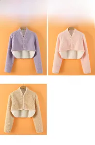 Detail view of thickened thermal shoulder warmers in purple, pink and yellow fleece colors