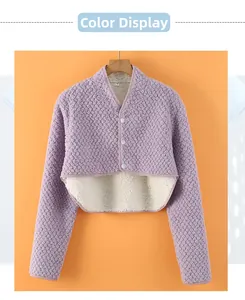 Detail view of thickened purple lavender shoulder warmer with soft fleece lining and white buttons