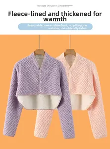 Close-up of thick fleece thermal shoulder protector jacket in pink and purple colors