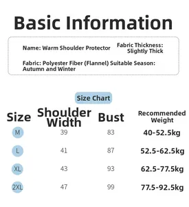 Size chart for thermal flannel shoulder wrap with weight and measurement guides
