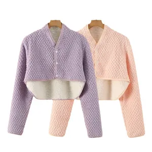 Quilted fleece shoulder warmer for women with thick lamb wool lining and V-neck design