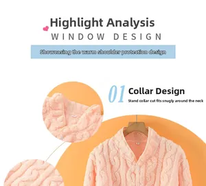 Detail of pink flannel shoulder protector with thick cable knit texture and stand collar