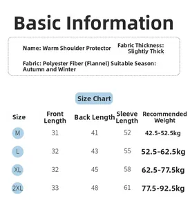 Size chart for thermal flannel shoulder wrap showing measurements from M to 2XL sizes