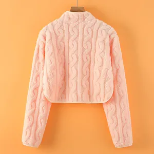 Pink thermal flannel long sleeve shoulder protector with cable knit texture and stand collar