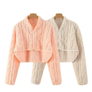 Plush flannel shoulder warmer wrap with textured knit pattern in pink and white