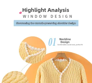 Detail of warm yellow fleece shoulder protector with white scalloped trim and button neck