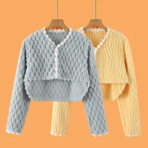Women Thermal Shoulder Protector Fleece Cardigan Cropped Soft Flannel Bed Jacket For Home Sleepwear Postpartum Care Warm Shawl