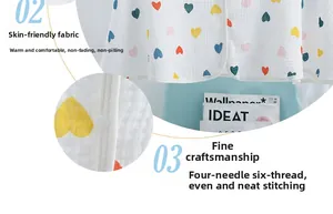 Detail of soft cotton gauze baby shawl with colorful hearts and resin snap buttons