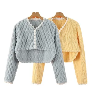 Short plush shoulder warmer vest in light blue and yellow waffle pattern for women