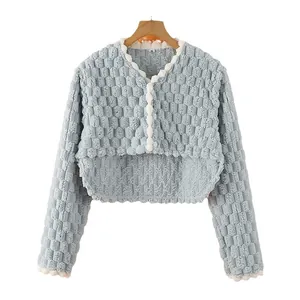 Thick light blue thermal shoulder protector jacket with waffle texture and lace trim