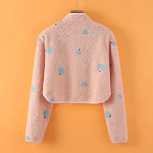 Pink fleece shoulder warmer wrap for women with blue polka dots and standing collar design