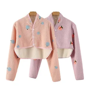 Plush shoulder warmer vest for women in pink polka dot and purple peach embroidery