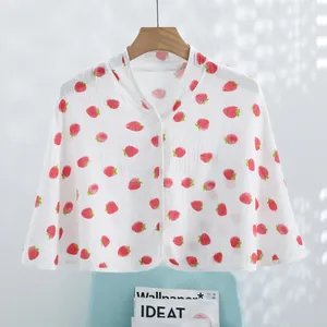 White muslin cotton shawl with red strawberry print and button closure for women
