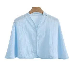 Light blue cotton gauze shawl cardigan for women featuring V-neck and button closure
