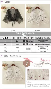 Size chart and details of mesh lace sun protection shawl with floral embroidery