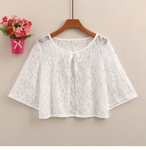 Detailed close-up of white floral lace cardigan with elegant string tie neckline