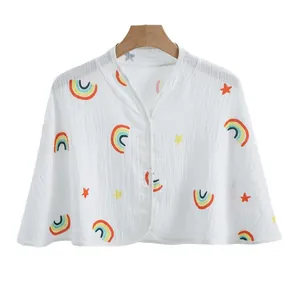 Breathable cotton gauze baby cape with rainbow star print and front button closure