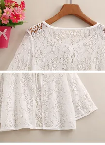 Detail of delicate white floral lace fabric and round neckline on a summer cardigan