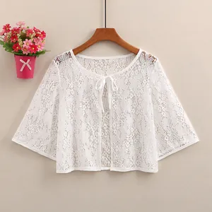 Women Elegant Sheer Floral Lace Shrug Bolero Cardigan Tie Front Bell Sleeve Short Sun Protection Top For Summer Dress