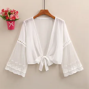 Châle en Mousseline de Protection Solaire d'Été pour Femmes Broderie de Dentelle Manches Évasées Gilet Court Boléro à Nouer