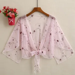 Women's Casual Sun Protection Shawl Thin Mesh Floral Printed Cardigan Sweet Flare Sleeve Top Summer Sheer Outerwear