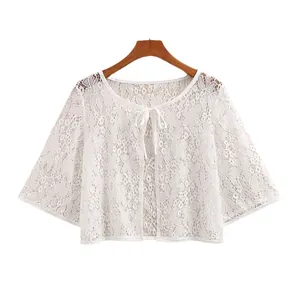Women's summer white floral lace cardigan with tie-up bow and bell sleeves