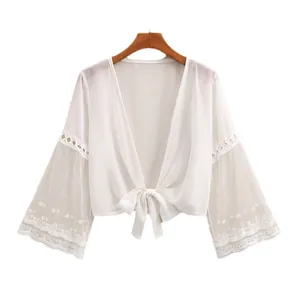 Châle de protection solaire blanc en tulle avec broderie dentelle et manches larges