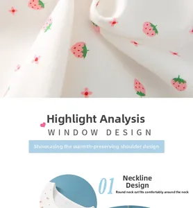 Detail of soft cotton shoulder protector with strawberry print and round neckline design