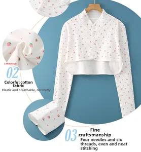 Detail of breathable cotton shoulder protector featuring strawberry prints and flatlock seams
