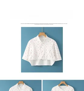 Short sleeve white cotton shoulder warmer with pink strawberry pattern and front buttons