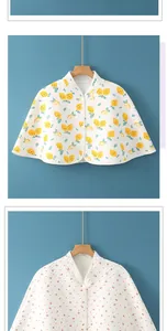 Close-up of quilted shoulder wrap with lemon and floral prints on light fabric