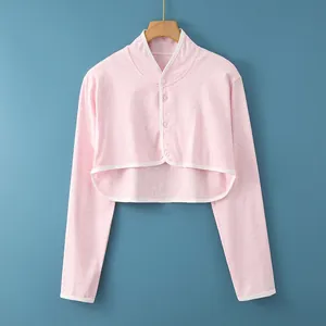 Pink cotton shoulder shrug bolero for women with long sleeves and white piping detail