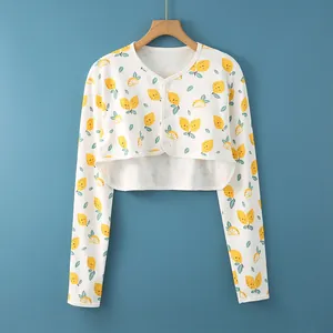 Cárdigan corto de algodón con estampado de limones para proteger hombros en aire acondicionado
