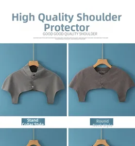Detail of grey knitted shoulder warmer in high neck and round neck styles for neck protection