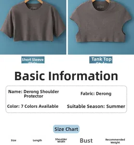 Size chart for thin summer shoulder warmer showing fabric details and measurements