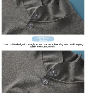 Detailed close-up of dark grey shoulder warmer featuring a stand collar and two buttons