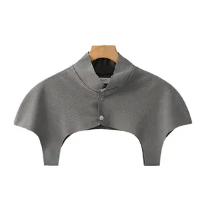 Gray knitted shoulder warmer with three buttons and high collar for summer air conditioning