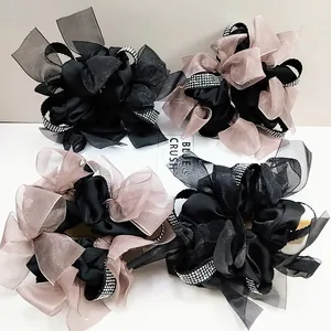 Large Organza Bow Scrunchie Elegant Rhinestone Satin Ribbons Hair Tie Korean Style High-end Hair Accessories For Women