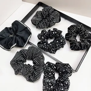 French Vintage Luxury Black Velvet Satin Scrunchies Rhinestone Hair Ties High Elastic Elegant Hair Accessories For Women Party Daily Headwear